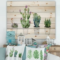 DesignArt 'aloe vera cactus sočne kućne biljke u botaničkom tisku lonaca na prirodnom borovom drvetu