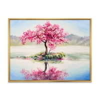 Dizajnerski crtež Orijentalna trešnja, ružino drvo Sakura na jezeru Kuća uz jezero, uokvireni zidni otisak na platnu