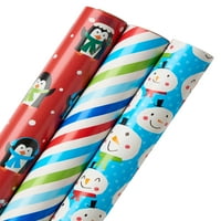 Američki pozdravi Reverzibilni božićni papir za omatanje, pruge, plavi snjegovića i crveni pingvini