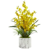 Gotovo prirodni sastav umjetnog cvijeća orhideje Plesna dama u bijeloj vazi obloženoj mramorom