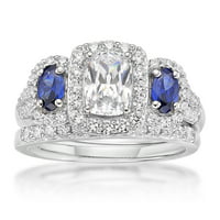 Sjajni fini nakit. Sterling Silver simuliran ovalni dijamant sa stvorenim plavim safirskim naglaskom zaručnički