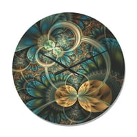 DesignArt 'simetrični zlato plavi fraktalni cvijet' Moderni drveni zidni sat