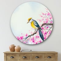 DesignArt 'Lijepa ptica koja sjedi na cvjetanoj grani' Tradicionalni krug metal zidne umjetnosti - disk od 29