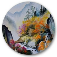 DesignArt 'živopisni planinski krajolik s malom kućom' tradicionalni krug metal zid umjetnosti - disk od 11