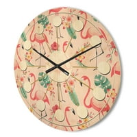 DesignArt 'tropski botanički proizvodi, flamingo i cvijeće ii' Moderni zidni sat iz sredine stoljeća