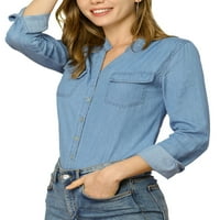 Jedinstvene ponude Ženski traper gornji dio podijeljenog vrata džep prsa dugih rukava dolje košulja