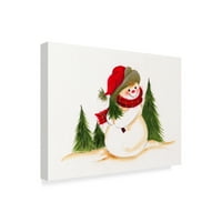 Likovna umjetnost s potpisom snjegović s malim božićnim drvcem u ruci na platnu Beverleigh Johnston