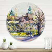 Dizajnerska umjetnost dvorac kroz drveće parka s parom koji sjedi na klupi seoski krug, Metalna zidna umjetnost-disk