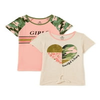 Grafičke majice s ružičastim baršunom i modnim rukavima grafičke majice, 2-pak, veličine 4-16