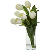 Gotovo prirodni bijeli tulipanski umjetni cvjetni aranžman u vazi cilindra