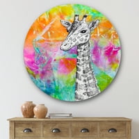 DesignArt 'jednobojna žirafa crtež na svijetloj dugi' Dječji umjetnički krug metal zidna umjetnost - disk od 36