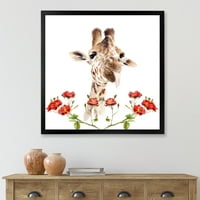DesignArt 'Portret žirafe s crvenim cvijećem I' Farmhouse uokvirena umjetnički tisak