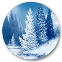 DesignArt 'snježno prekrivena stabla sa snova smreke šuma' jezero kuća krug metalna zidna umjetnost - disk od 29