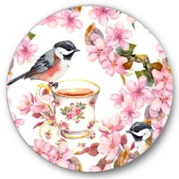DesignArt 'čaša čaša ptice i ružičasti cvjetovi' tradicionalni krug metal zidne umjetnosti - disk od 29
