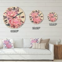 DesignArt 'ružičasti retro cvjetovi s plavim lišćem na bijeloj' tradicionalnoj drvenoj zidnoj boji sat